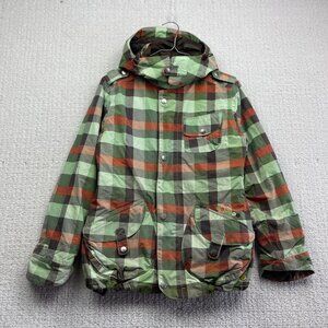 Y2K Burton Jacket Womens S Green / Orange Plaid Hooded Snowboarding / Ski